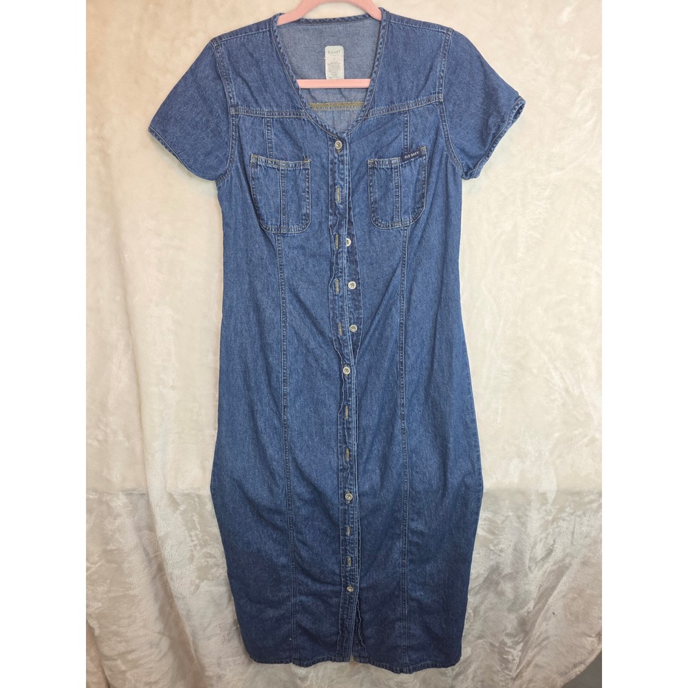 Vintage Y2K Old Navy Denim Midi Dress 100% Cotton Button‎ Front Short Sleeve
